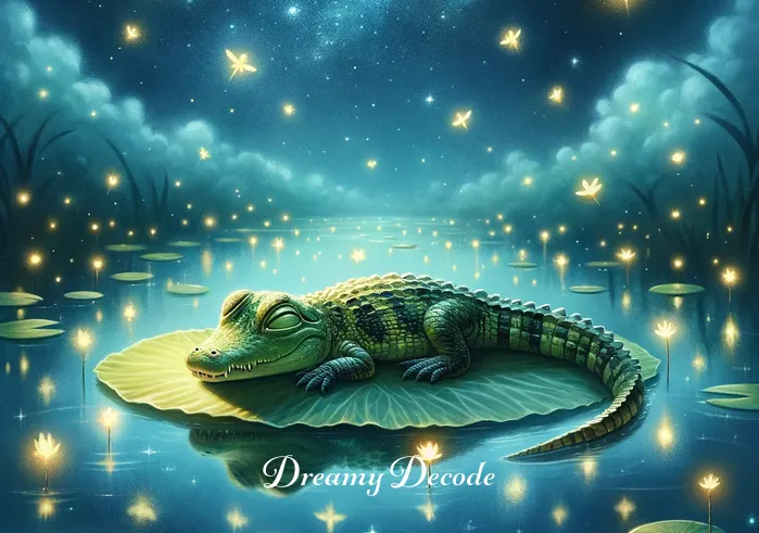 baby crocodile dream meaning _ A dreamlike scene where the baby crocodile is now resting on a lily pad, surrounded by fireflies. The night sky is starlit and the crocodile seems content and at ease, symbolizing growth and inner peace.