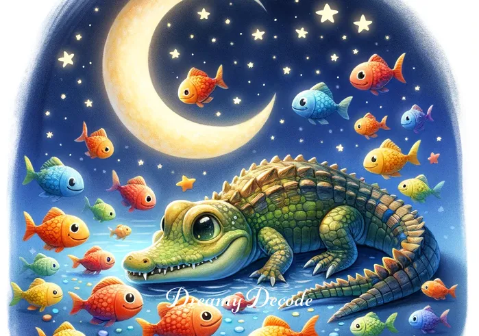 baby crocodile dream meaning _ The baby crocodile, under a crescent moon, is playfully interacting with a group of small, colorful fish. The scene is harmonious and full of life, depicting an environment of coexistence and learning.