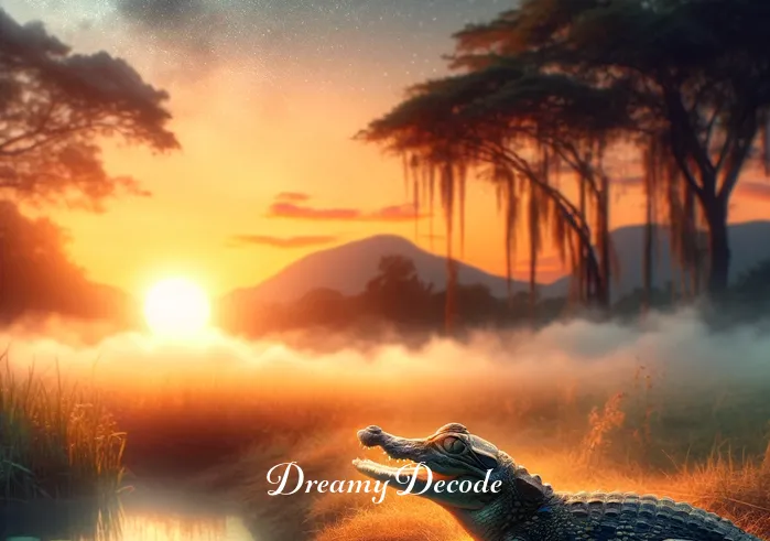 baby crocodile dream meaning _ A dawn setting where the baby crocodile is seen returning to the pond, symbolizing the end of the dream. The early morning light bathes the scene in a warm glow, suggesting new beginnings and the awakening from the dream.