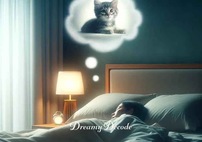 dream about a cat meaning _ A person peacefully sleeping in a softly lit room, with a faint silhouette of a cat appearing in a dream bubble above their head. The dream cat, looking playful and curious, symbolizes mystery and intrigue, reflecting the theme of exploring the unknown in dreams.