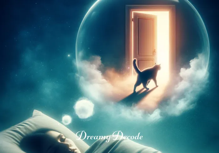 dream about a cat meaning _ The same sleeping individual, now with the dream bubble showing the cat walking through an open door, symbolizing new opportunities or transitions in the dreamer