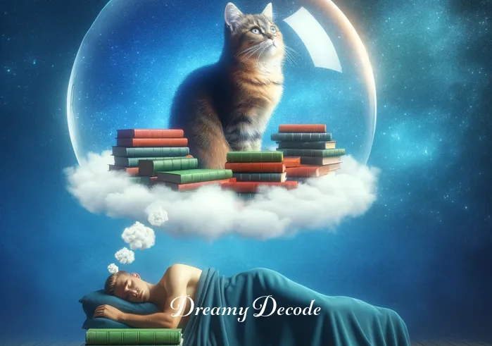 dream about a cat meaning _ The dream evolves with the cat now sitting atop a pile of books in the bubble, implying wisdom and knowledge. The dreamer