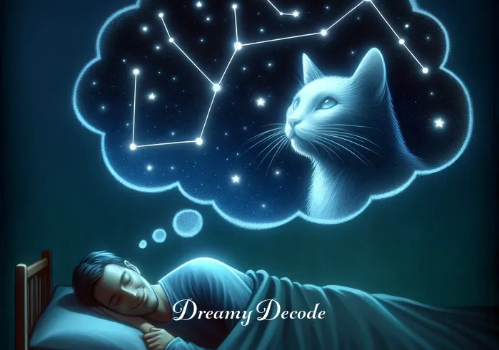 dream about a cat meaning _ The final scene shows the cat in the dream bubble transformed into a constellation in the night sky, representing guidance and a sense of direction. Below, the sleeping person is smiling subtly, indicating a feeling of peace or resolution gained from the dream.