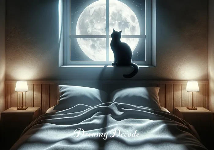 dream meaning cat _ A person peacefully sleeping in a cozy bedroom, with a soft moonlight filtering through the window. On the windowsill, a small, shadowy figure of a cat is just visible, adding a mysterious yet tranquil atmosphere to the scene.