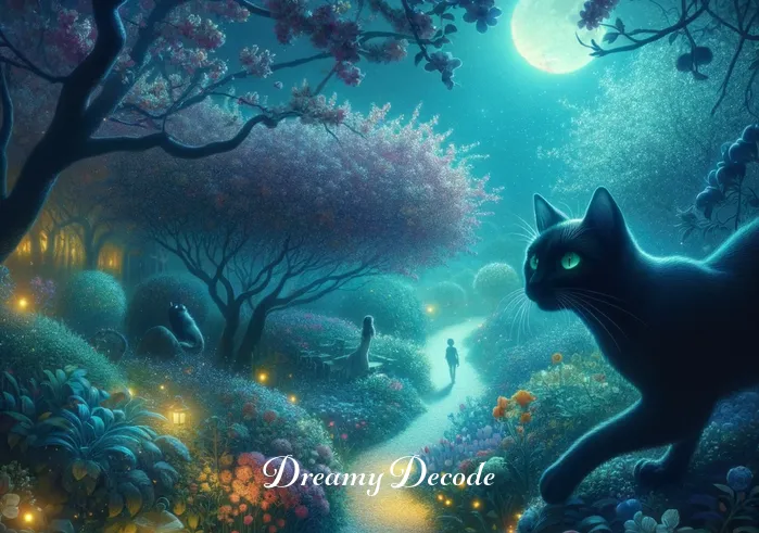 dream meaning cat _ In the dream, the sleeper is wandering through a lush, moonlit garden. A black cat with piercing green eyes appears, guiding them along a winding path filled with blooming flowers and soft, chirping night sounds.