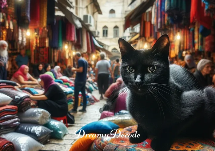 dream meaning cat _ The dream shifts to a vibrant marketplace bustling with activity. Amidst the crowd, the dreamer notices the black cat sitting atop a pile of colorful textiles, its eyes following them with an almost knowing gaze, creating a sense of intrigue and wonder.