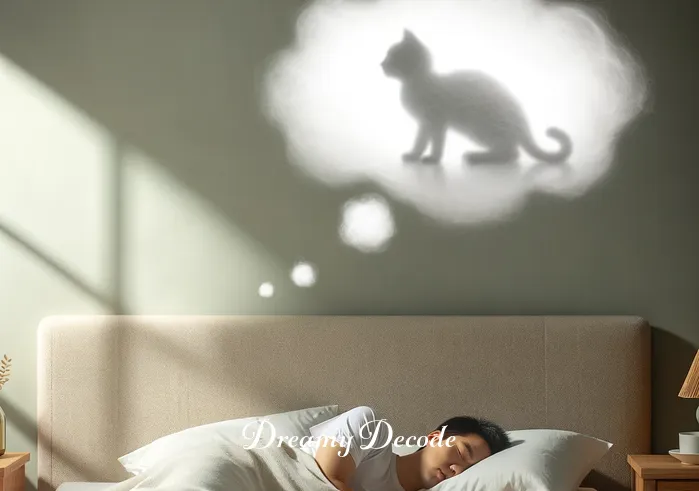 dream meaning of a cat _ A serene scene where a person is peacefully sleeping in a cozy bedroom, with a shadowy figure of a cat appearing in their dream cloud above them. The dream cloud is illustrated with a whimsical, slightly transparent cat, symbolizing the beginning of a dream journey.