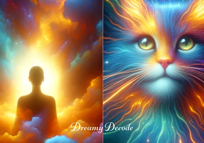 dream meaning of a cat _ The second image depicts the dream cat transforming into a larger, more vibrant figure, surrounded by a glowing aura. The person