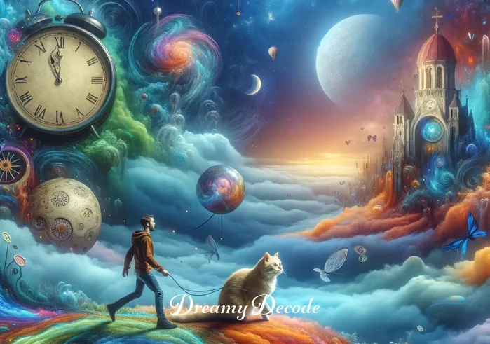dream meaning of a cat _ In this third scene, the dream cat leads the sleeping person through a fantastical landscape filled with surreal elements, like floating clocks and colorful, nebulous skies. The scene conveys a sense of adventure and exploration in the dream world, guided by the cat.