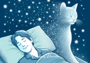 dream meaning of a cat _ The final image shows the sleeping person smiling contentedly as the dream fades, with the cat's figure gently dissolving into stardust. This signifies the end of the dream journey and the positive, enlightening impact the dream cat had on the dreamer.