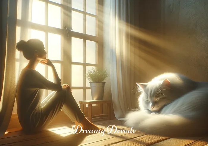 dream meaning of cat _ A person sitting in a peaceful, sunlit room, gazing thoughtfully at a serene, sleeping cat curled up on a windowsill, symbolizing tranquility and comfort in a dream.