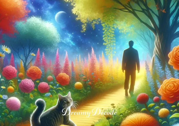 dream meaning of cat _ A dream sequence where the same person follows a playful, inquisitive cat through a lush garden, representing curiosity and exploration in the realm of dreams.