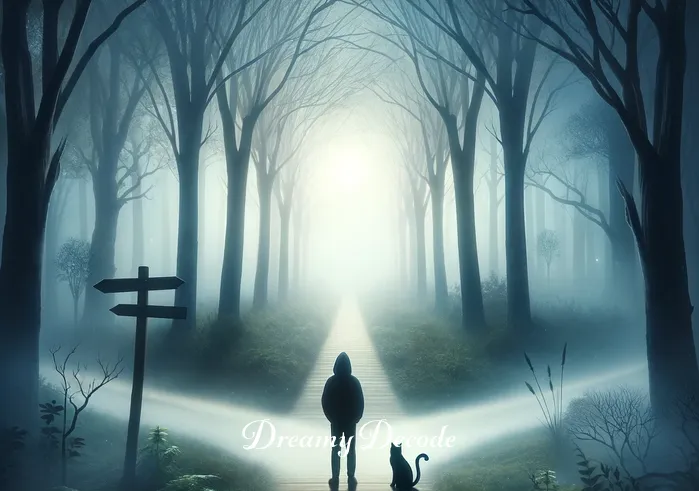 dream meaning of cat _ An image of the person and the cat standing at a crossroads in a misty forest, symbolizing a decision point or moment of uncertainty in the dream.