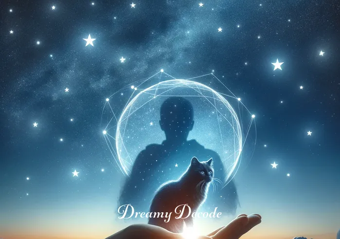 dream meaning of cat _ The final scene shows the person holding the cat under a clear, starry sky, suggesting a sense of guidance, protection, and clarity gained from the dream journey.