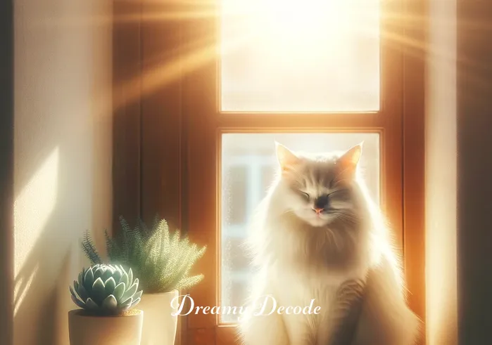 dream meaning white cat _ A serene white cat appearing in a dream, symbolizing peace and calm. The cat is sitting gracefully on a window sill, with sunlight gently illuminating its fur, creating a warm and comforting atmosphere. This image represents the beginning of a journey towards understanding and tranquility.