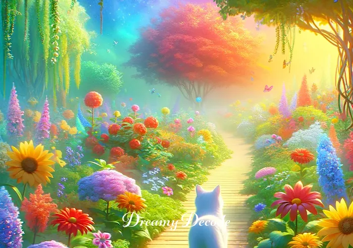dream meaning white cat _ The white cat, now standing, leads the dreamer through a lush, vibrant garden. The scene is full of colorful flowers and greenery, with the cat acting as a guide, suggesting a path of growth and exploration in the dreamer