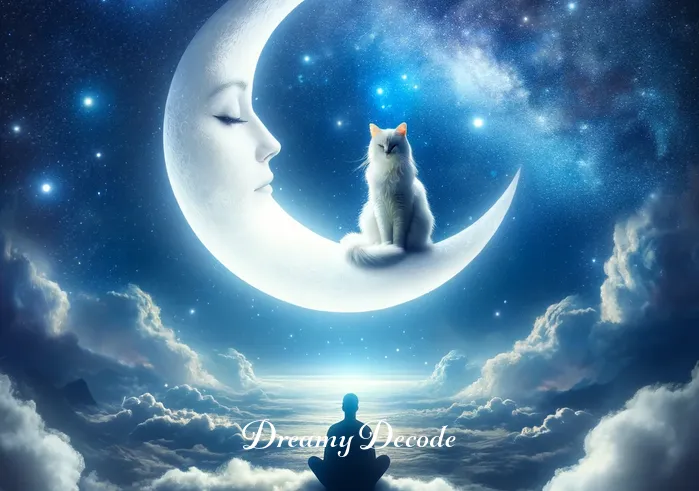 dream meaning white cat _ The dream shifts to a starry night sky, where the white cat, now perched on a crescent moon, gazes down at the dreamer. This mystical setting symbolizes insight and enlightenment, as if the cat is offering wisdom from a higher perspective.