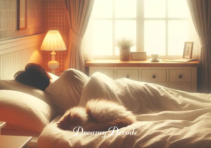 dream of cat meaning _ A person peacefully sleeping in a cozy bedroom with a gentle smile on their face. The room is softly lit, and a small, fluffy cat is curled up at the foot of the bed, adding a sense of tranquility to the scene.