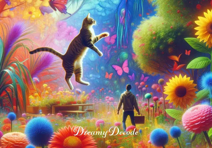 dream of cat meaning _ The same person is now in a dream state, depicted by a surreal, slightly blurred background. They are in a vibrant garden, with a variety of colorful flowers and plants. A playful cat is seen leaping joyfully among the flowers, symbolizing freedom and curiosity.