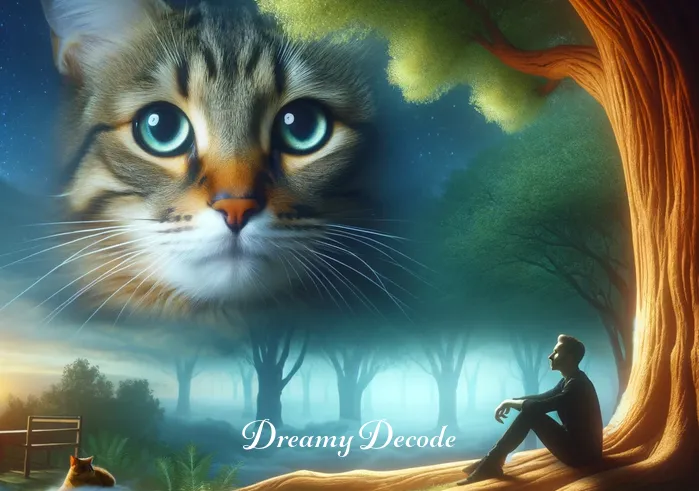 dream of cat meaning _ The dream shifts to a more introspective scene, where the person is seated under a large, ancient tree in a serene forest setting. A wise-looking cat with striking eyes sits beside them, representing introspection and self-discovery.