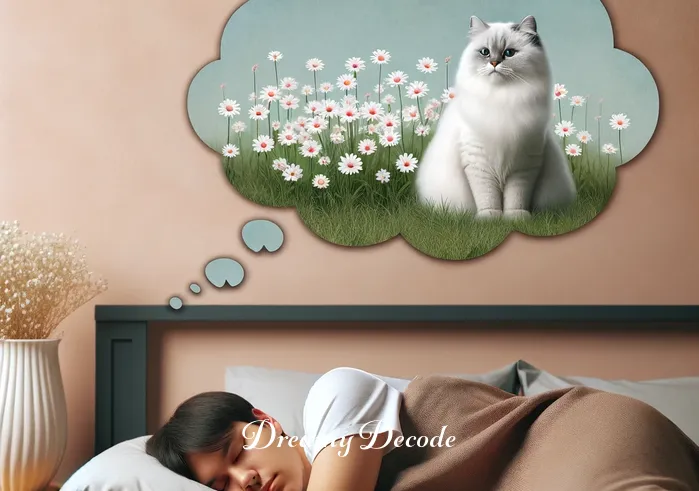 dream of white cat meaning _ A person peacefully sleeping in a bright, airy bedroom, with a plush white cat appearing in a dream bubble above their head. The dream bubble shows the cat sitting serenely amidst a field of blooming flowers, symbolizing tranquility.