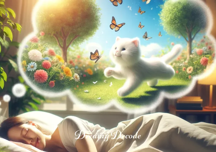 dream of white cat meaning _ The same sleeping person, now with the dream bubble depicting the white cat playfully chasing butterflies in a sunlit garden. This scene represents joy and the simple pleasures in life.