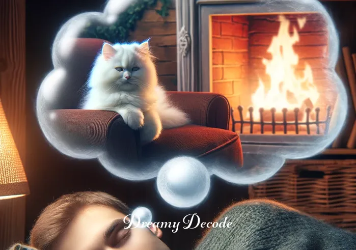 dream of white cat meaning _ The dream progresses, showing the white cat in the bubble now curled up on a cozy armchair beside a crackling fireplace, reflecting comfort, warmth, and safety in the dreamer