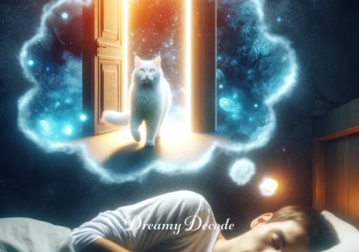 dream of white cat meaning _ In the final dream scene, the white cat is seen walking towards the dreamer through a glowing doorway, symbolizing new beginnings or a journey the dreamer is about to embark on.