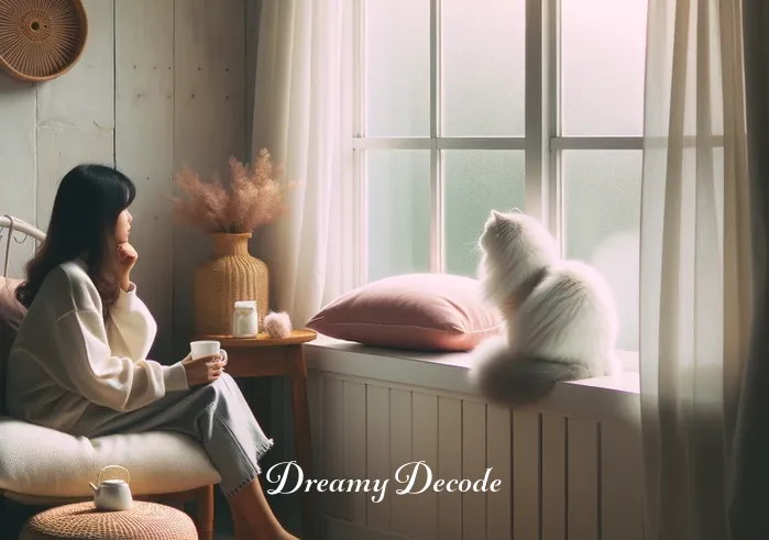 dream white cat meaning _ A person sitting at a cozy window seat, gazing thoughtfully at a fluffy white cat perched on the windowsill, with a dreamy, serene expression on their face. The scene is bathed in soft morning light, suggesting a peaceful start to the day.