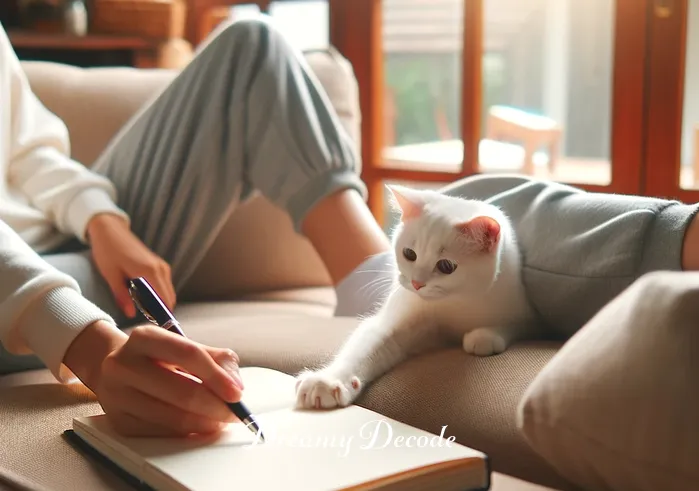 dream white cat meaning _ The same person, now holding a notebook and pen, jotting down notes with a look of curiosity and introspection. The white cat playfully paws at the pen, adding a touch of light-heartedness to the scene.