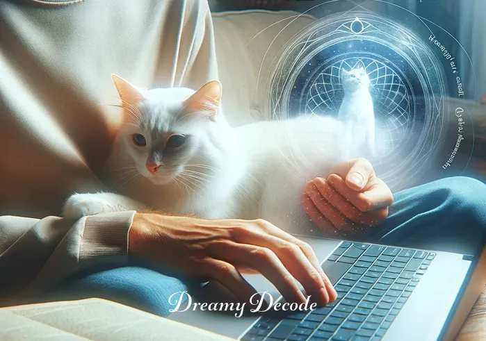 dream white cat meaning _ The individual, with the white cat in their lap, is seen researching on a laptop. The screen displays articles about dream interpretation and the symbolic meaning of white cats, indicating a deepening interest and exploration of the topic.