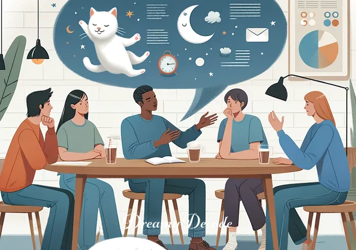 dream white cat meaning _ A final scene showing the person sharing their findings with friends over a casual gathering. The white cat is napping nearby. The group listens intently, discussing the dream interpretations and meanings, creating a sense of community and shared learning.