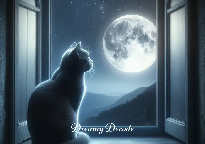 grey cat dream meaning _ A grey cat perched on a windowsill, gazing contemplatively at the moonlit sky, symbolizing the beginning of a dream journey.