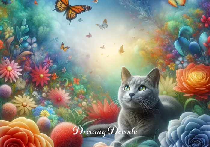 grey cat dream meaning _ The same grey cat, now depicted within a lush, dreamlike garden, surrounded by vibrant, oversized flowers and butterflies, representing the exploration of nature in dreams.