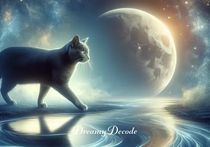 grey cat dream meaning _ The grey cat walking alongside a tranquil stream in the dream, reflecting guidance and introspection, with the moon