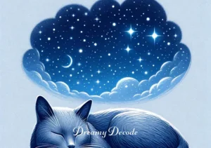 grey cat dream meaning _ The grey cat resting peacefully under a starry sky, suggesting the end of the dream journey and the return to tranquility and understanding.