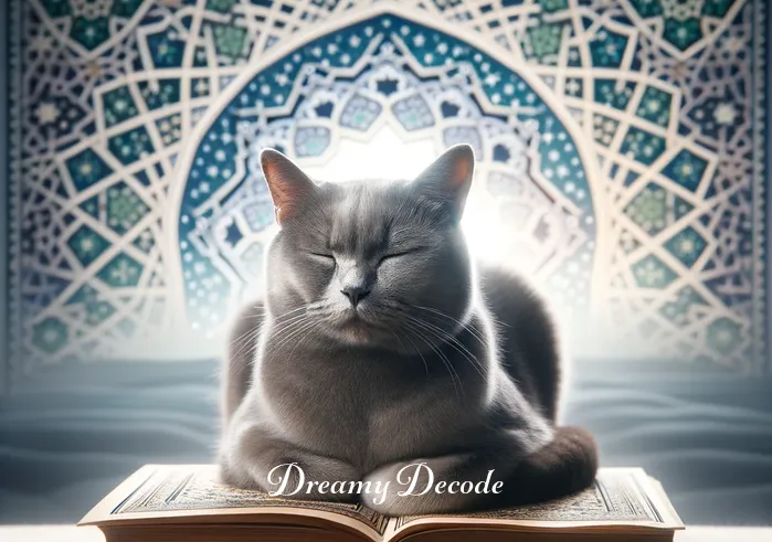grey cat dream meaning islam _ A serene grey cat sitting calmly atop an open book with Islamic geometric patterns, symbolizing the beginning of a spiritual journey or a quest for understanding in a dream.
