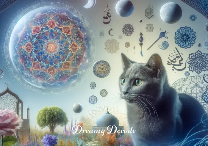 grey cat dream meaning islam _ The same grey cat now appears in a dream-like garden, surrounded by various Islamic symbols and motifs, indicating a deeper exploration of spiritual meanings and interpretations within the Islamic context.