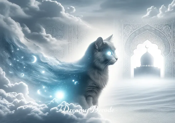 grey cat dream meaning islam _ A transformation scene where the grey cat morphs into a light, embodying guidance or enlightenment in the dreamer