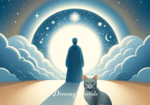 grey cat dream meaning islam _ The final image shows the dreamer in a peaceful state, with the grey cat beside them, now back in its original form, symbolizing the resolution and understanding gained from the dream experience in the Islamic perspective.