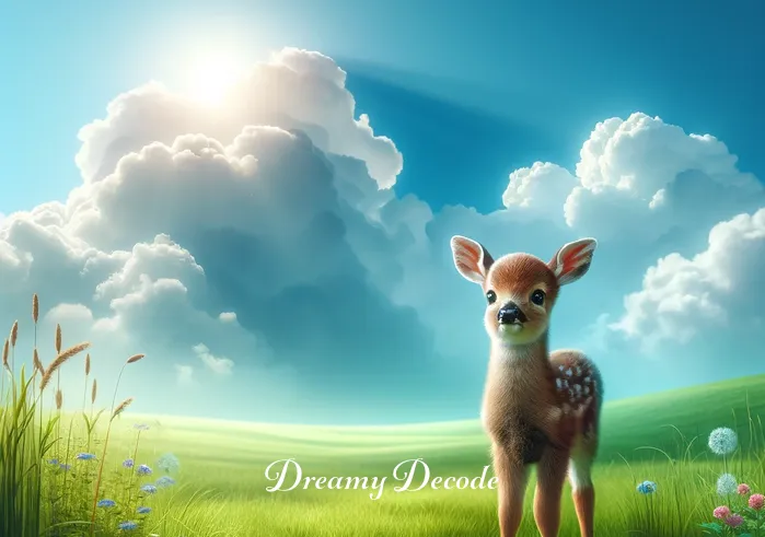 baby deer dream meaning _ A baby deer standing alone in a lush, green meadow under a bright, blue sky, symbolizing the beginning of a journey or new beginnings often associated with dream interpretations of seeing a baby deer.