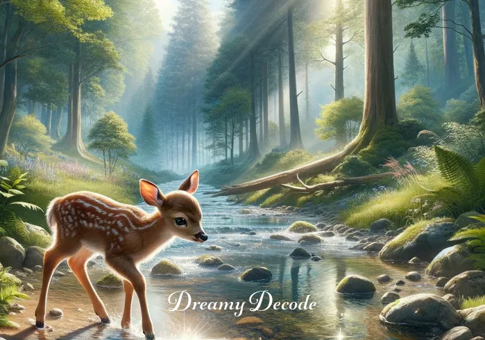 baby deer dream meaning _ The same baby deer now seen walking cautiously towards a clear, sparkling stream, representing the dreamer