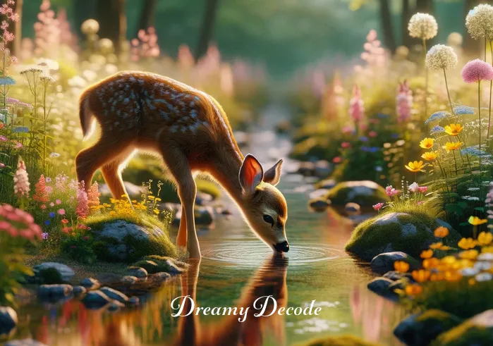 baby deer dream meaning _ The baby deer is now drinking peacefully from the stream, surrounded by blooming wildflowers, illustrating a moment of self-reflection or inner peace, in line with the themes discussed in the article about the significance of baby deer in dreams.