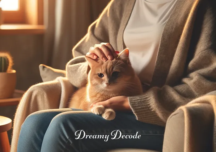 holding a cat dream meaning _ The same person now gently holding the cat in their arms, with a look of comfort and joy on their face. The cat appears relaxed and content, nestled comfortably in the person