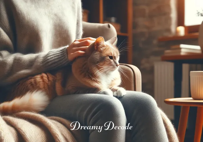 holding a cat dream meaning _ The scene shifts to a cozy indoor setting, where the person is sitting on a soft armchair with the cat on their lap. Both are at ease, with the person gently stroking the cat