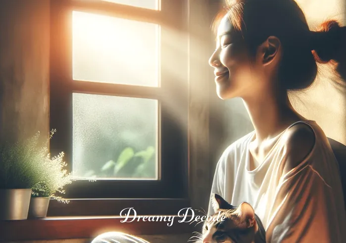 holding a cat dream meaning _ A final image of the person and cat sitting together by a window, bathed in soft morning light. The person is smiling peacefully, gazing out the window with the cat still resting in their lap, symbolizing a sense of harmony and fulfillment.