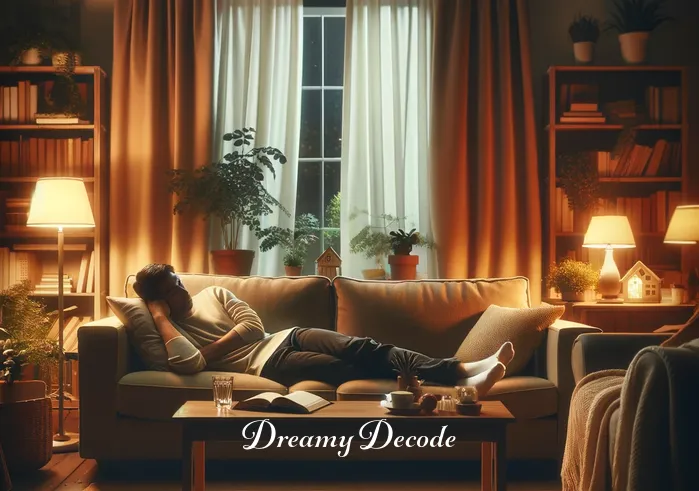 injured cat dream meaning _ A person in a cozy living room, peacefully sleeping on a sofa. The room is warmly lit and filled with books and plants, creating a serene atmosphere. There