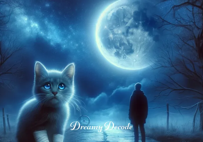 injured cat dream meaning _ In the dream, the person encounters a small, injured cat with a noticeable limp, sitting alone on a moonlit path. The cat