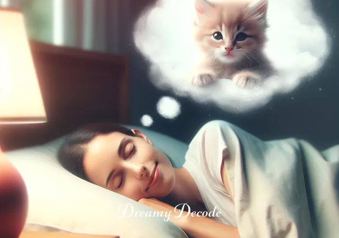meaning of cat in dream _ A peaceful bedroom scene with a person sleeping soundly, a soft smile on their face. In the dream bubble above them, a small, playful kitten appears, symbolizing innocence and playfulness, typical in a dream.