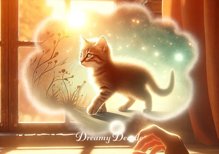 meaning of cat in dream _ The dream bubble transforms, now showing the kitten growing into a healthy adult cat, which walks confidently on a sunny windowsill. This scene represents maturation and self-reliance in the dreamer